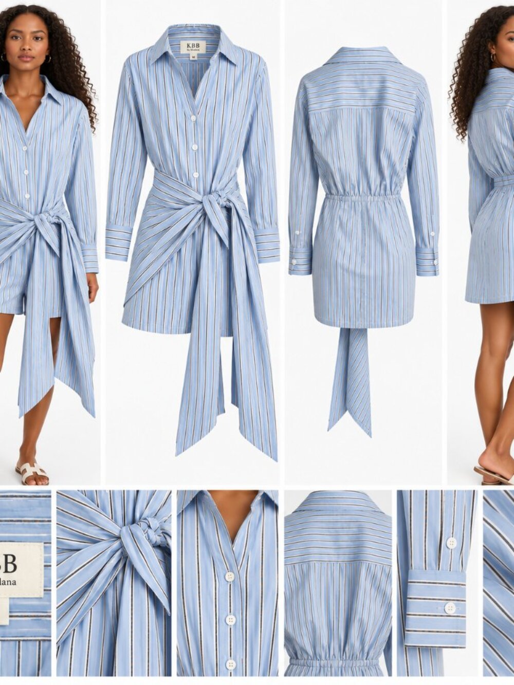 KBB by Kahlana M Blue Stripe Tie Front Shirt Dress M Preppy Coastal Cotton Mini
